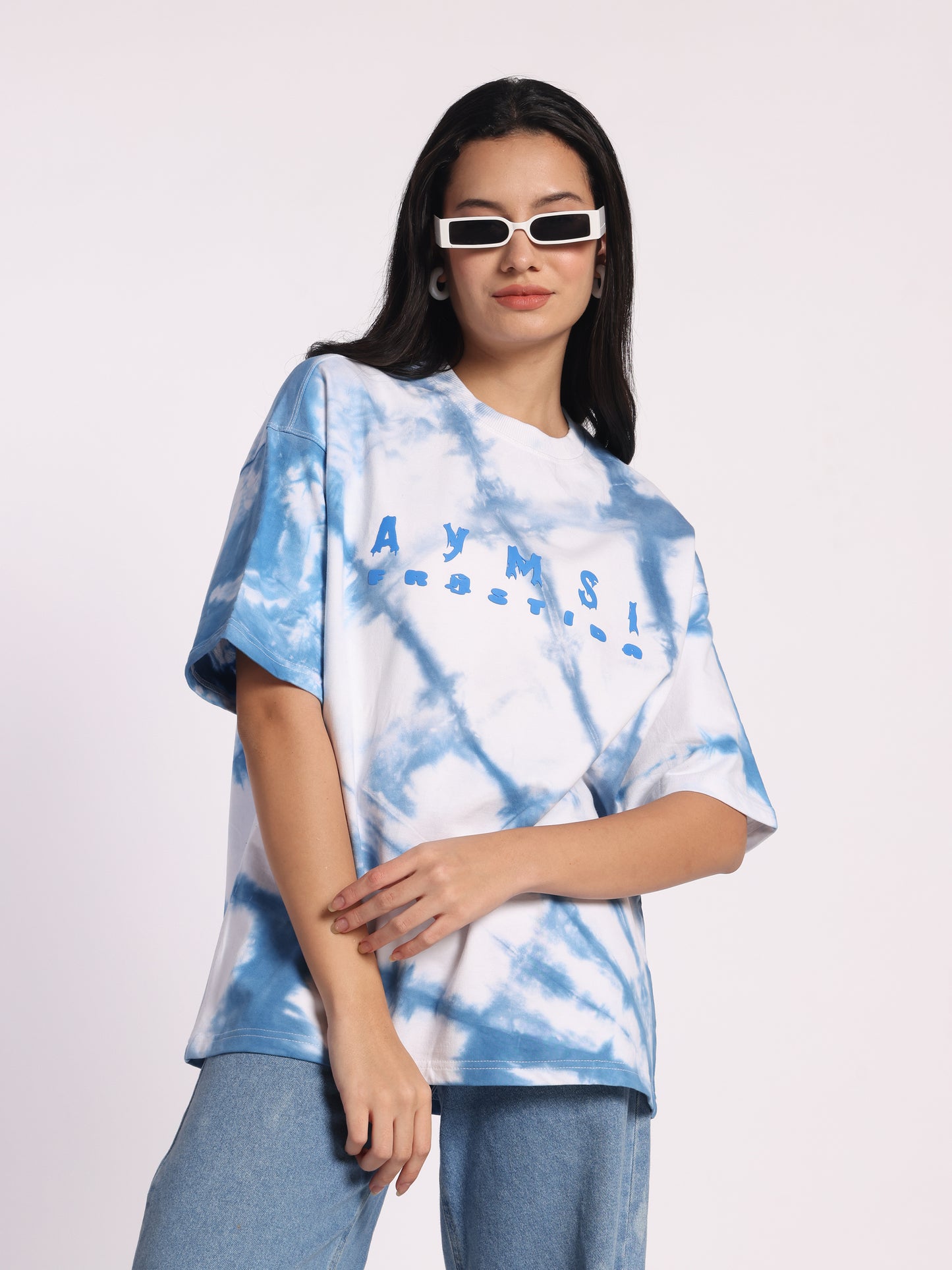 FROSTIDA Blue Tie-Dye Oversized T-Shirt for Men & Women | Cloud Wash Cotton Tee In 240GSM | Unisex Streetwear