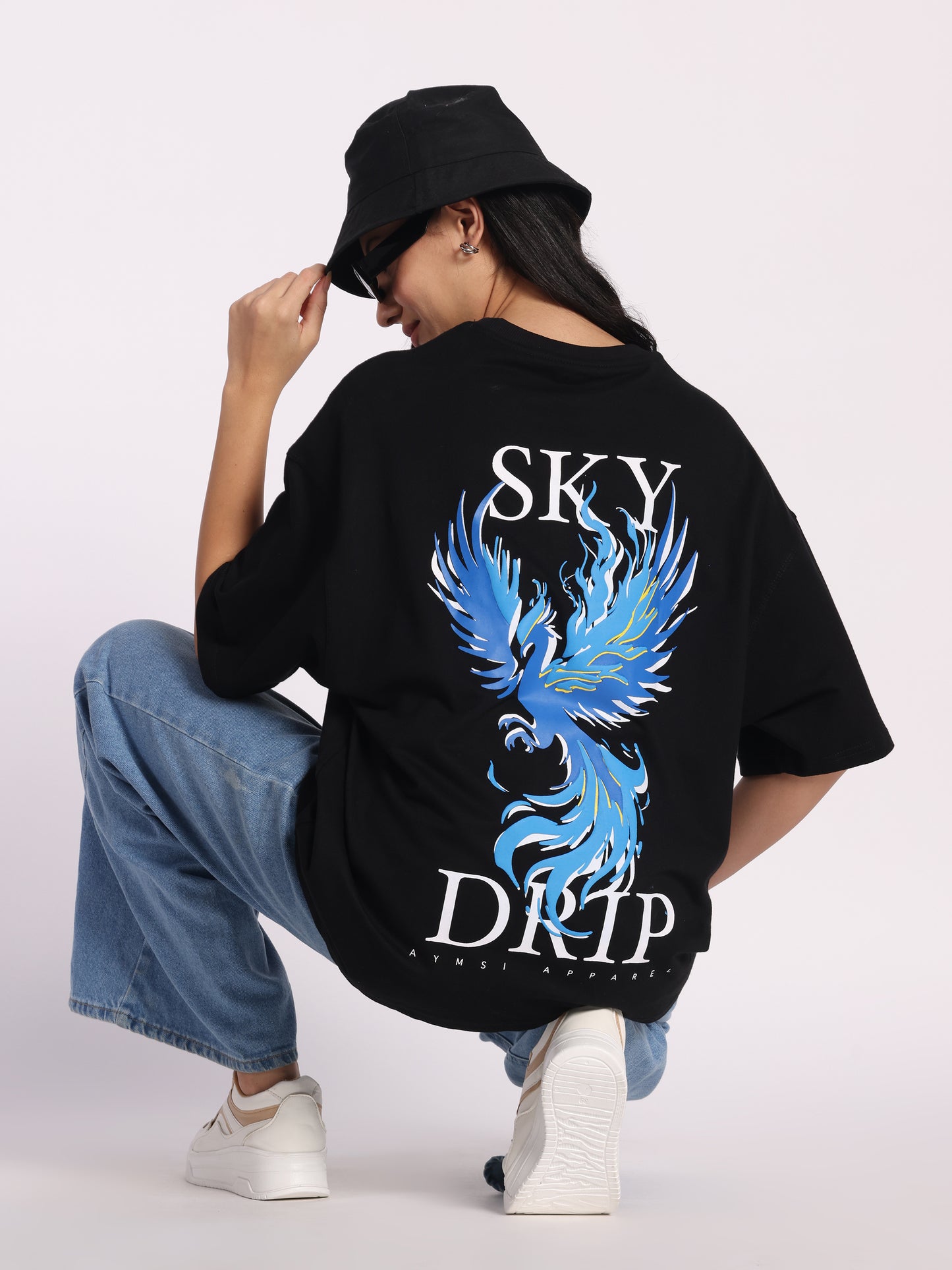 Sky Drip Oversized T-Shirt for Men & Women | Black Cotton Tee with Blue Phoenix Graphic | Streetwear by Aymsi Apparel