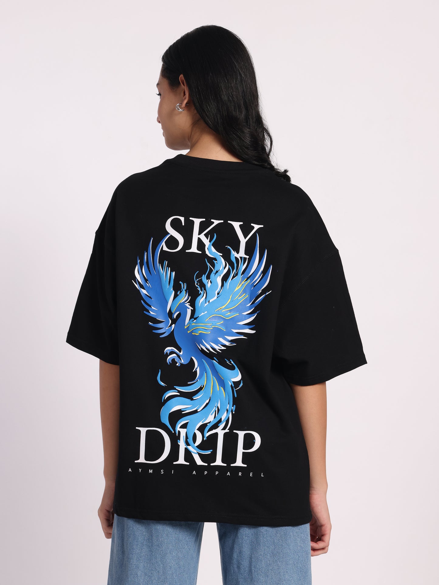 Sky Drip Oversized T-Shirt for Men & Women | Black Cotton Tee with Blue Phoenix Graphic | Streetwear by Aymsi Apparel