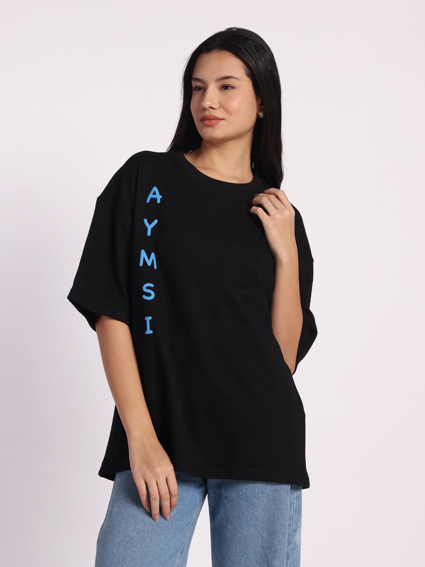 Sky Drip Oversized T-Shirt for Men & Women | Black Cotton Tee with Blue Phoenix Graphic | Streetwear by Aymsi Apparel