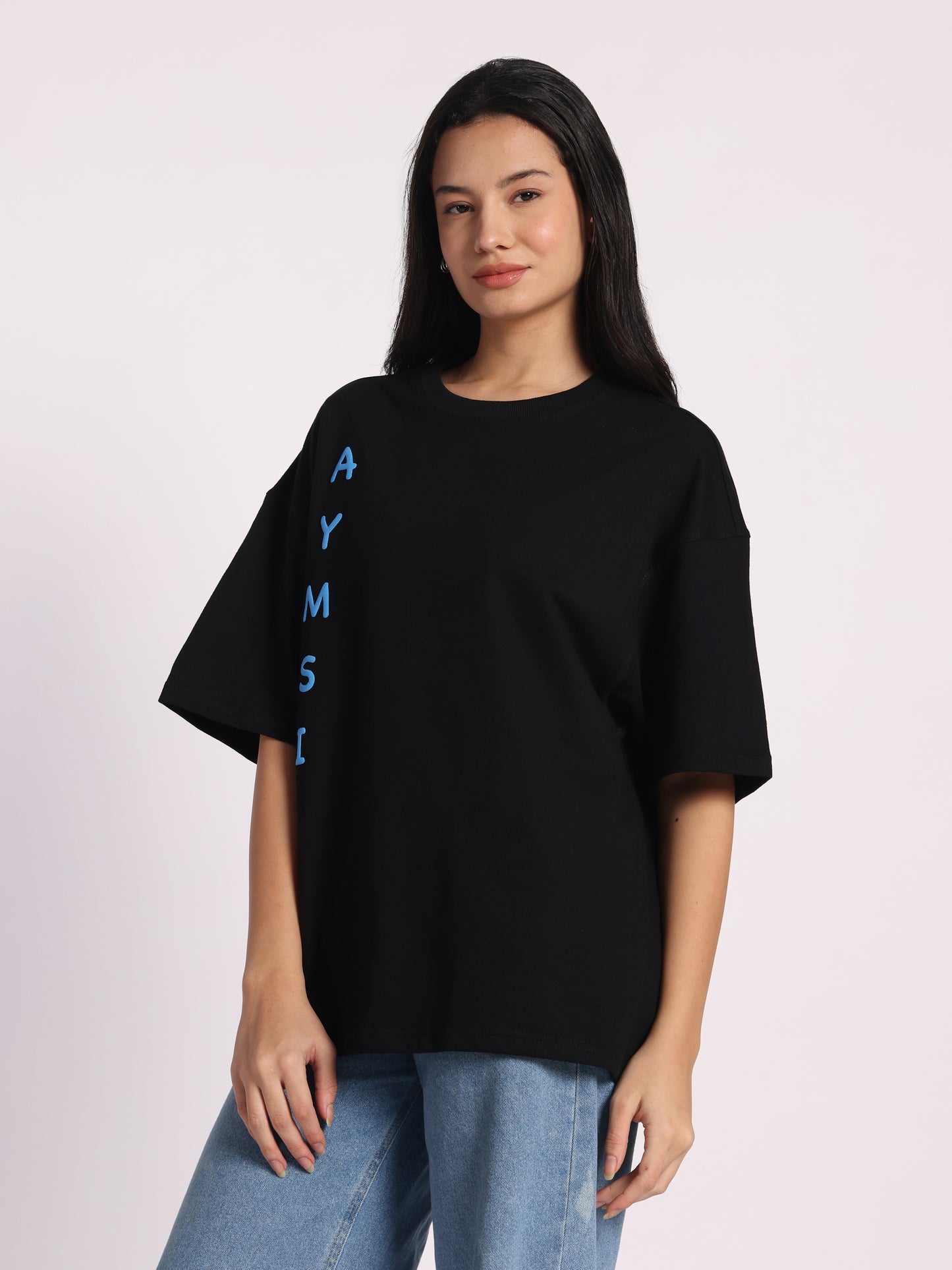Sky Drip Oversized T-Shirt for Men & Women | Black Cotton Tee with Blue Phoenix Graphic | Streetwear by Aymsi Apparel