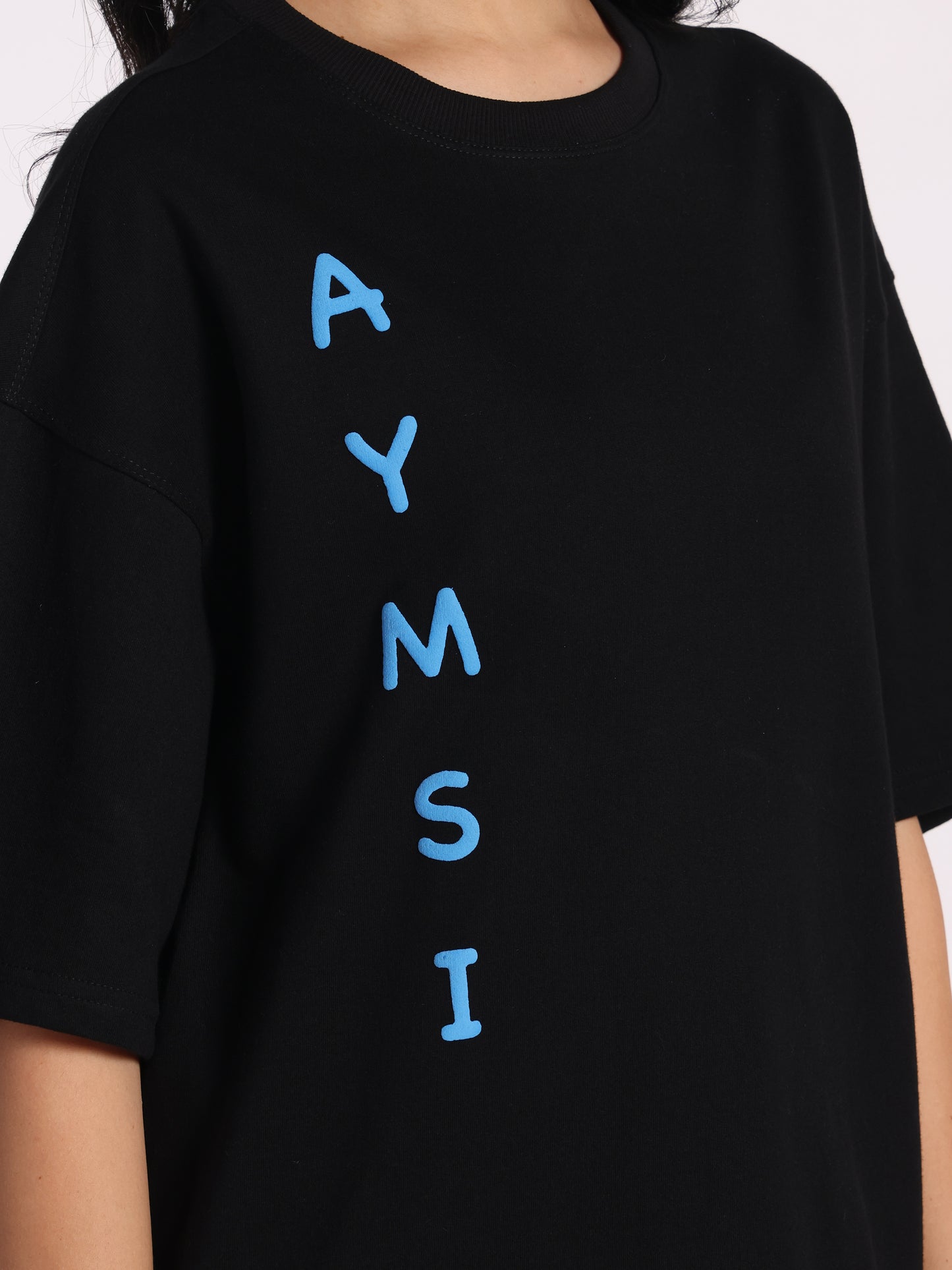 Sky Drip Oversized T-Shirt for Men & Women | Black Cotton Tee with Blue Phoenix Graphic | Streetwear by Aymsi Apparel