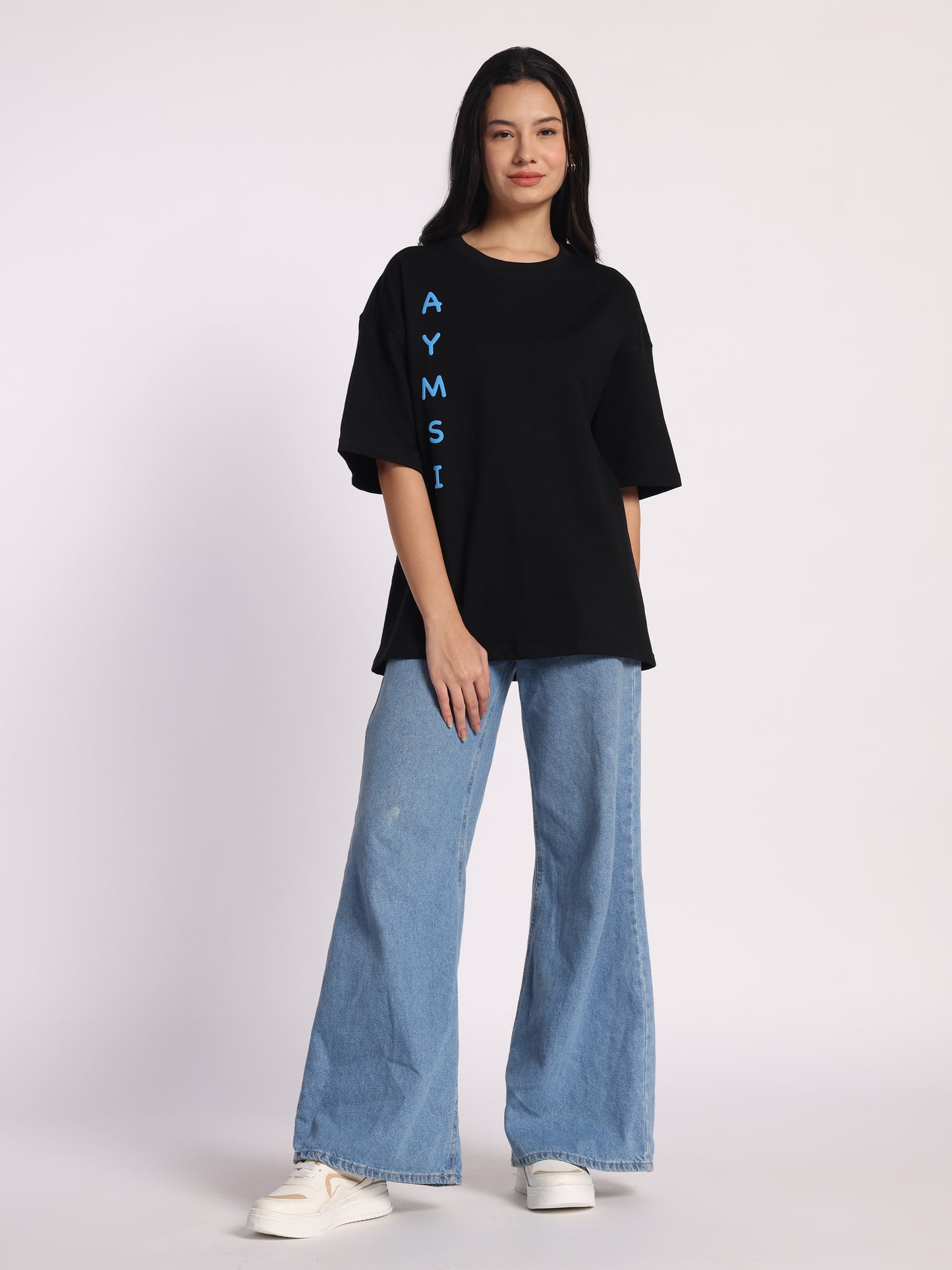 Sky Drip Oversized T-Shirt for Men & Women | Black Cotton Tee with Blue Phoenix Graphic | Streetwear by Aymsi Apparel