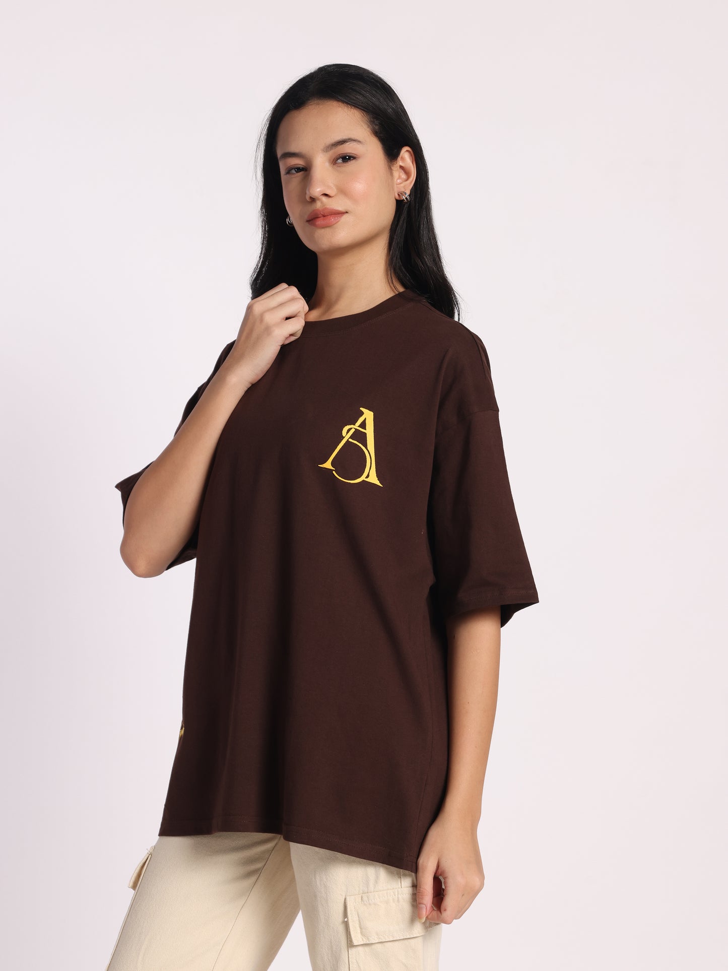 Paincraft Oversized T-Shirt for Men & Women | Brown Cotton Tee with Yellow Grunge Text Print | Unisex Streetwear Fashion