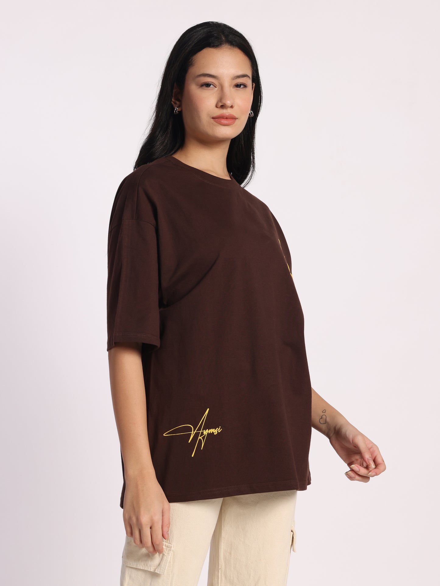 Paincraft Oversized T-Shirt for Men & Women | Brown Cotton Tee with Yellow Grunge Text Print | Unisex Streetwear Fashion