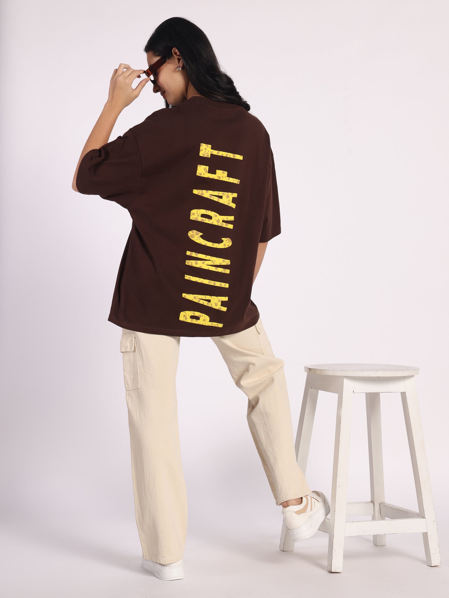 Paincraft Oversized T-Shirt for Men & Women | Brown Cotton Tee with Yellow Grunge Text Print | Unisex Streetwear Fashion