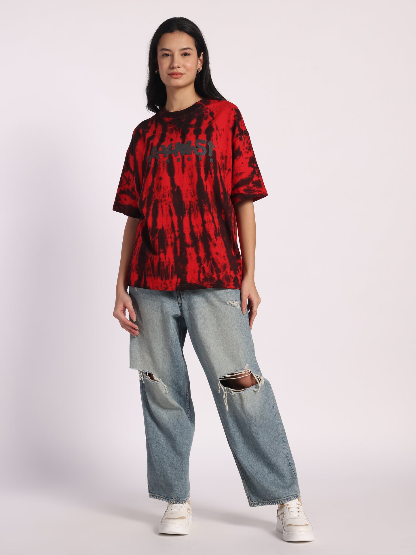 BLAZORA Red & Black Tie-Dye Oversized T-Shirt for Men & Women | Bold Streetwear Tee