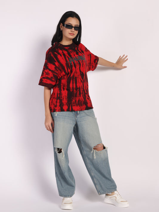 BLAZORA Red & Black Tie-Dye Oversized T-Shirt for Men & Women | Bold Streetwear Tee