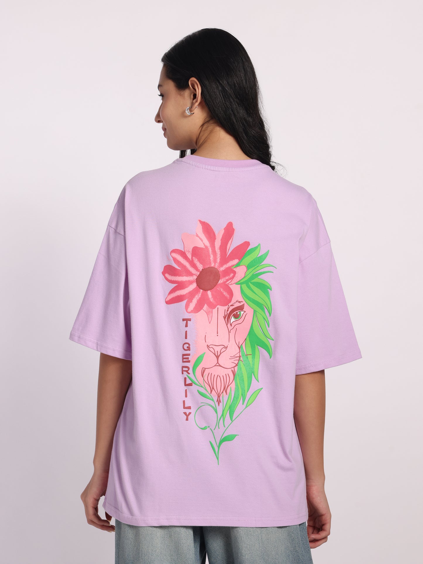 Tigerlily Oversized Graphic T-Shirt for Women 210 GSM | Lavender Cotton Tee with Lion Floral Print | Women Streetwear