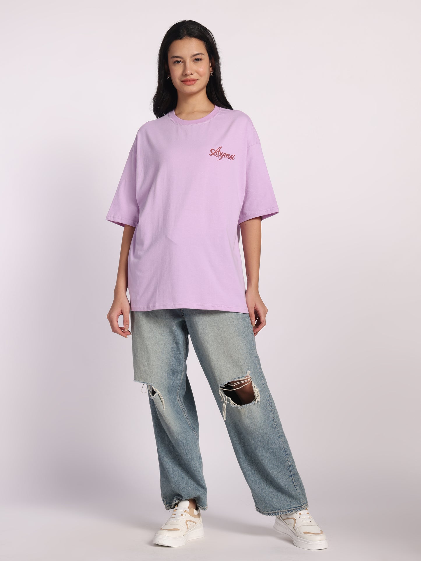 Tigerlily Oversized Graphic T-Shirt for Women 210 GSM | Lavender Cotton Tee with Lion Floral Print | Women Streetwear