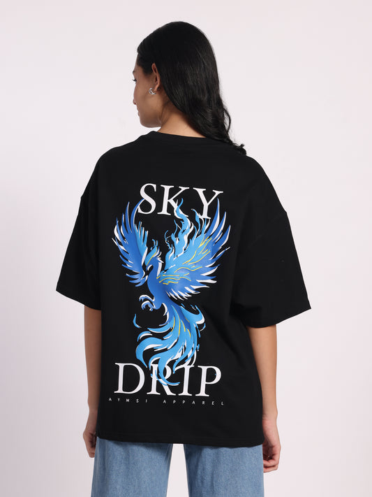 Sky Drip Oversized T-Shirt for Men & Women | Black Cotton Tee with Blue Phoenix Graphic | Streetwear by Aymsi Apparel