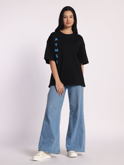 Sky Drip Oversized T-Shirt for Men & Women | Black Cotton Tee with Blue Phoenix Graphic | Streetwear by Aymsi Apparel