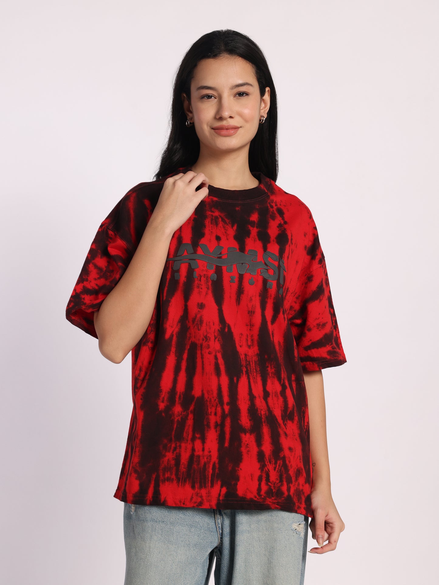 BLAZORA Red & Black Tie-Dye Oversized T-Shirt for Men & Women | Bold Streetwear Tee